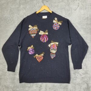 EUGENIA BY ANGENIE Black 1X Christmas Sequin Ornament Sweater Lambswool Angora
